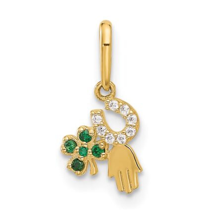 10K Polished Clover Horseshoe Hamsa CZ Luck Pendant