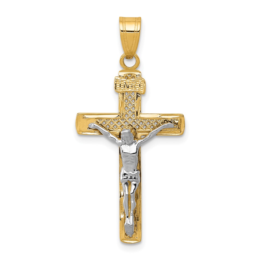10C4348.jpg 10K Two-tone D/C Medium Block Lattice Cross w/Crucifix Pendant - Image 1