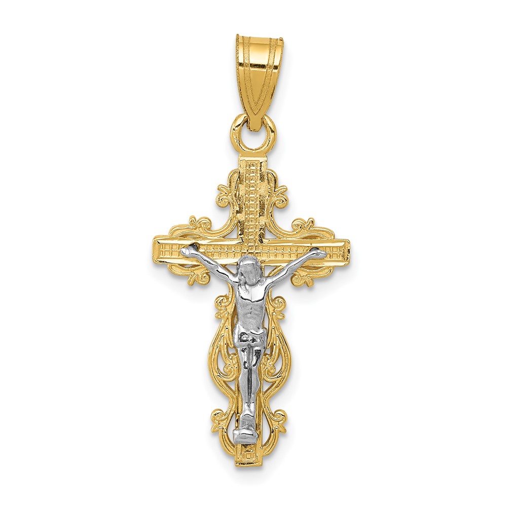 10C4395.jpg 10K Two-tone Small Narrow Cross w/Crucifix Pendant - Image 1