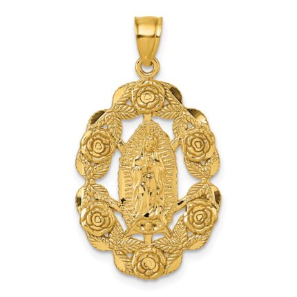 10k Polished Diamond-cut Our Lady of Guadalupe with Flowers Medal Pendant