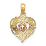 10K Two-tone Polished Flower in Fancy Border Heart Pendant - Image 4