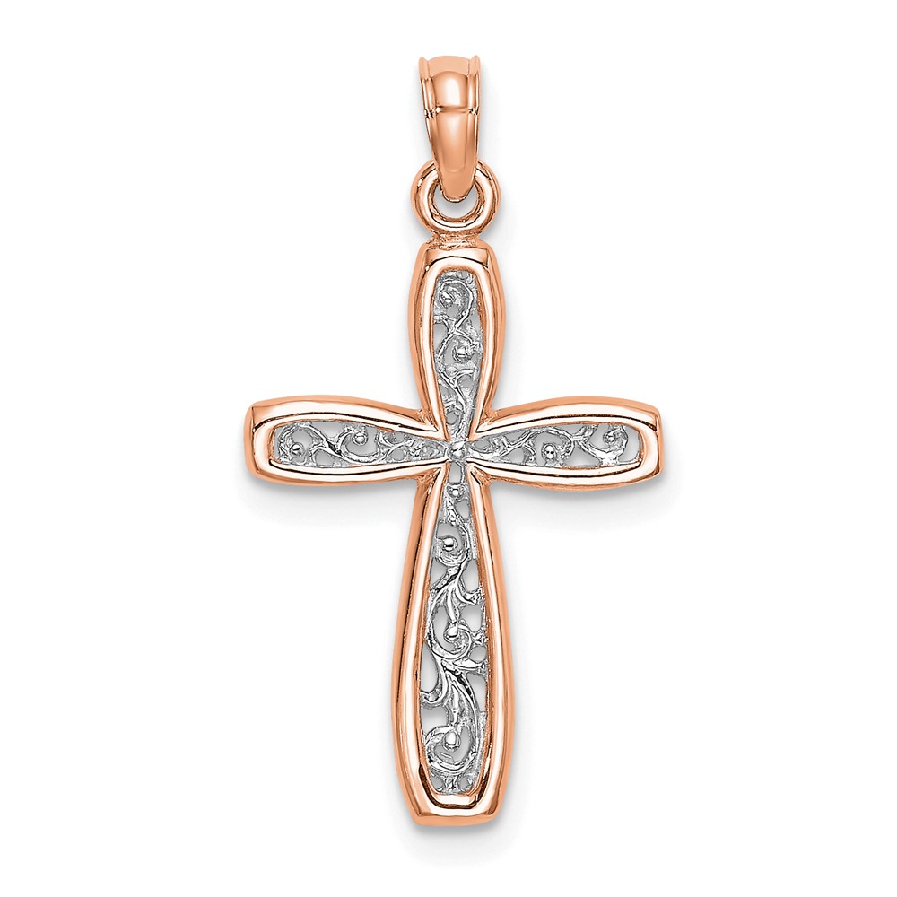 10K8515R.jpg 10K Rose w/ White Rhodium Filigree Center Border Cross - Image 1