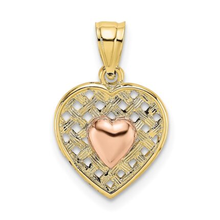 10k Yellow and Rose Gold Polished Heart On Woven Heart Charm