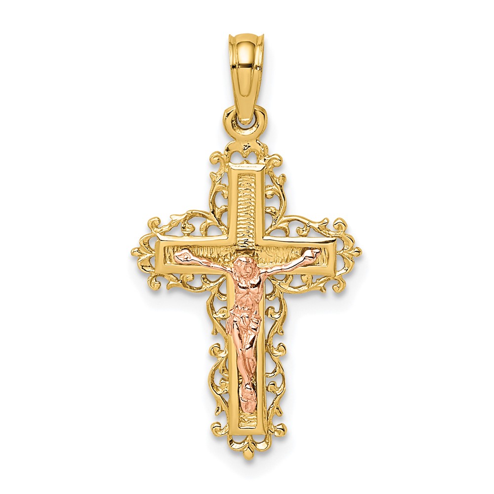 10K9061.jpg 10K Two-Tone Crucifix W/ Lace Trim Charm - Image 1