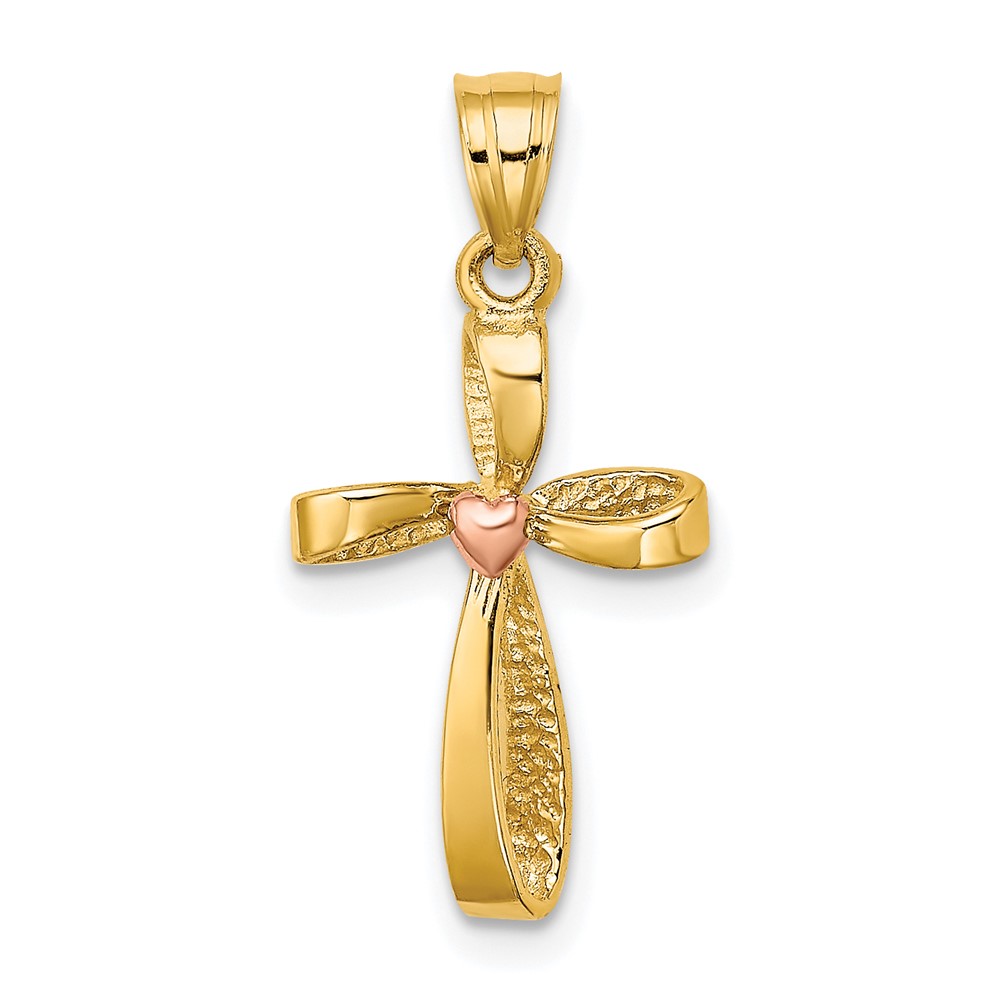 10K9090.jpg 10k Two-Tone Twisted Cross w/ Heart Charm - Image 1