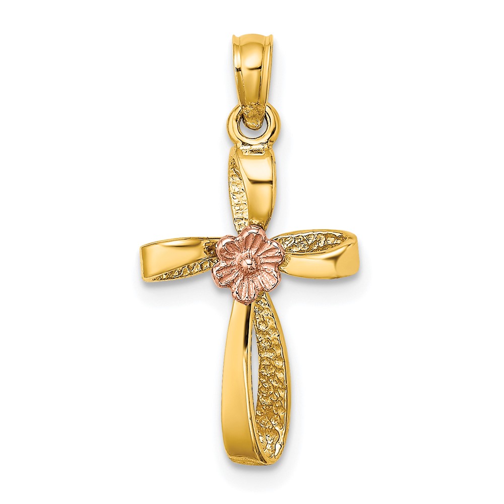 10K9091.jpg 10K Two-Tone Twisted Cross w/ Heart Charm - Image 1