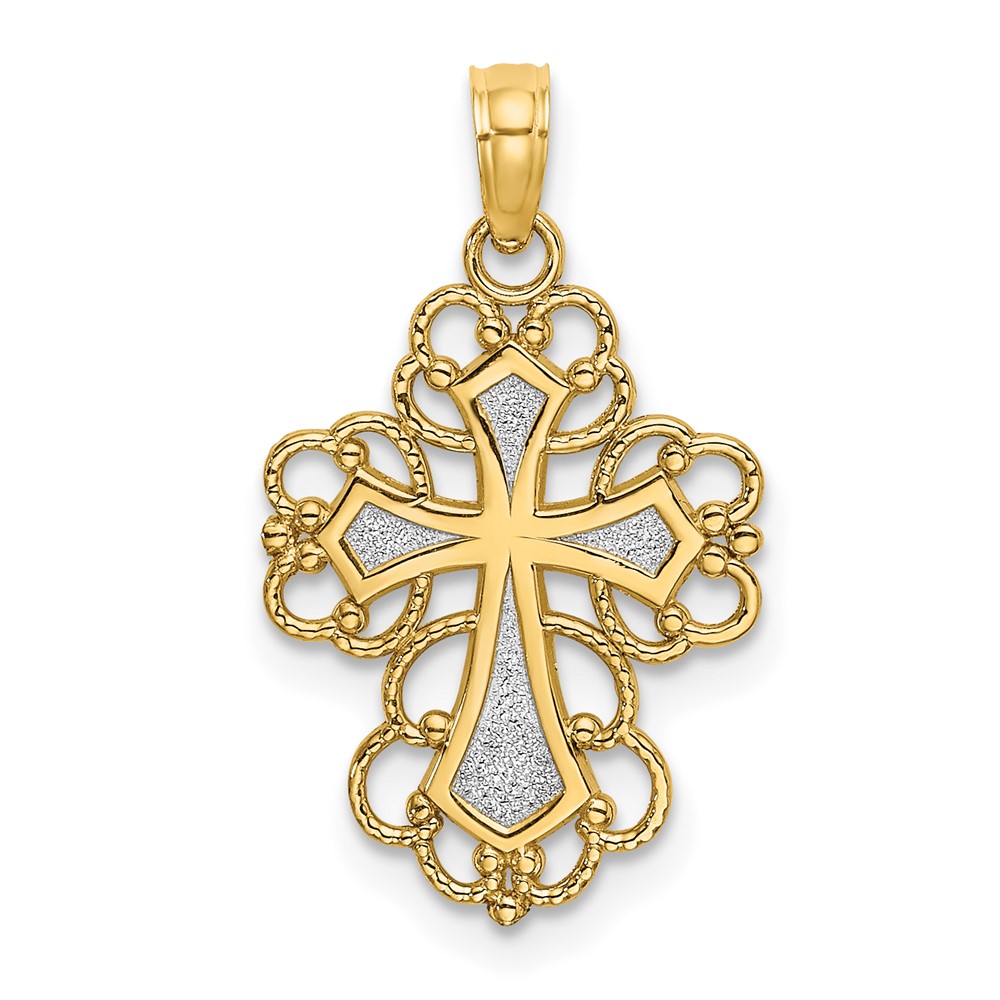 10K9240.jpg 10K W/ Rhodium Beaded Lace Trim Cross Charm - Image 1