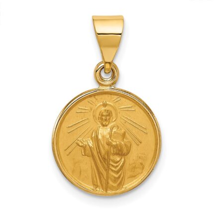 18K Polished and Satin Solid Saint Jude Thaddeus Medal Round Pendant