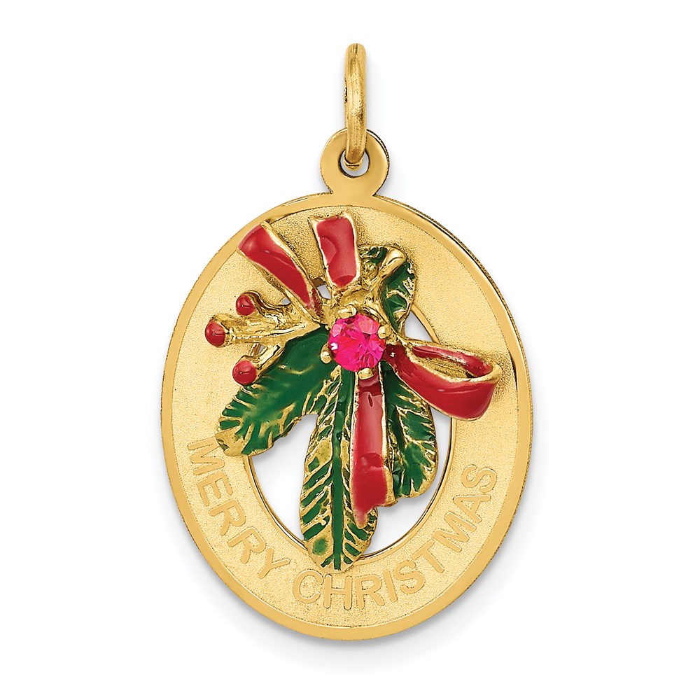 A0830.jpg 14k Enameled MERRY CHRISTMAS Mistletoe with Synthetic Stone Charm - Image 1