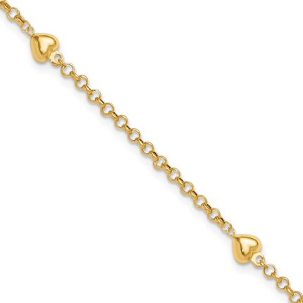 14k Polished Puffed Heart 3-Station Anklet