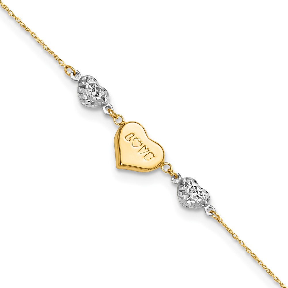 ANK253-9.jpg 14K Two-tone Diamond-cut and LOVE Puffed Heart Plus Extender - Total Anklet - Image 1