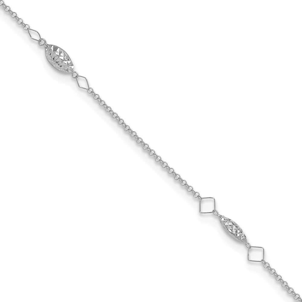 ANK272W-9.jpg 14K White Gold Diamond-cut Rice Puff Beads 4-Station Plus Extender - Total Anklet - Image 1