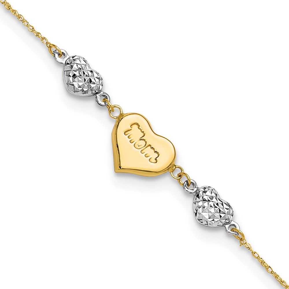 ANK277-7.jpg 14K Two-tone Puffed MOM Heart and Diamond-cut Beads Bracelet Plus Heart Dangle Extender - Image 1