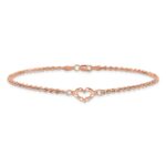 14k Rose Gold Diamond-cut Open Heart and Rope Chain Anklet - Image 3