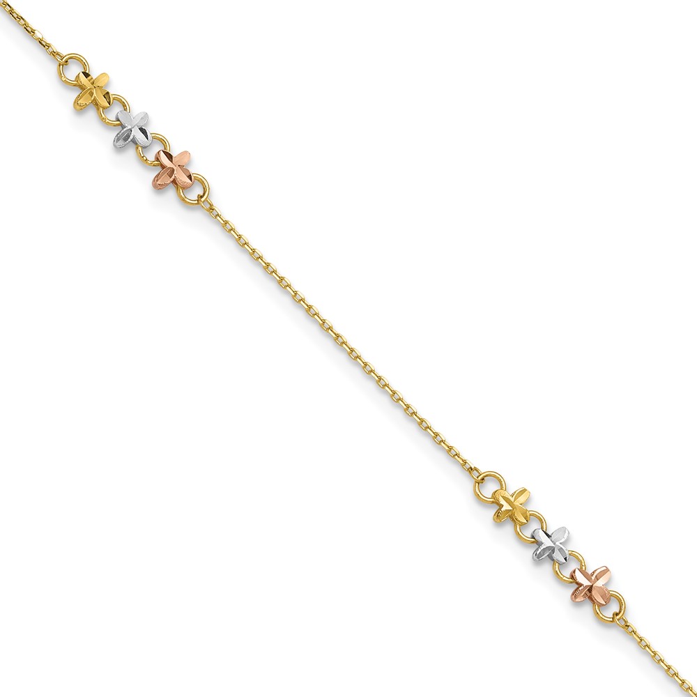 ANK361-9.jpg 14K Two-tone with White Rhodium 3-Station Flowers Plus Extender - Total Anklet - Image 1