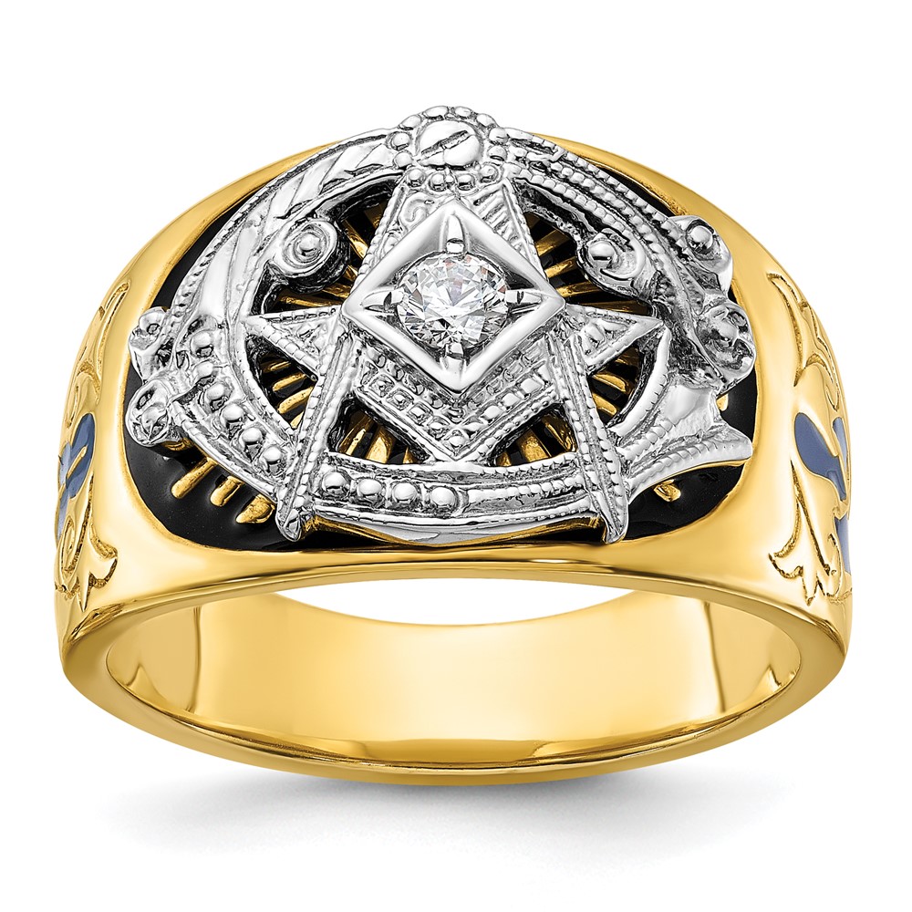B01945-0YWA-1.jpg IBGoodman 10k Two-tone Men's Polished and Textured with Blue and Black Enamel Diamond Blue Lodge Master Masonic Ring - Image 1