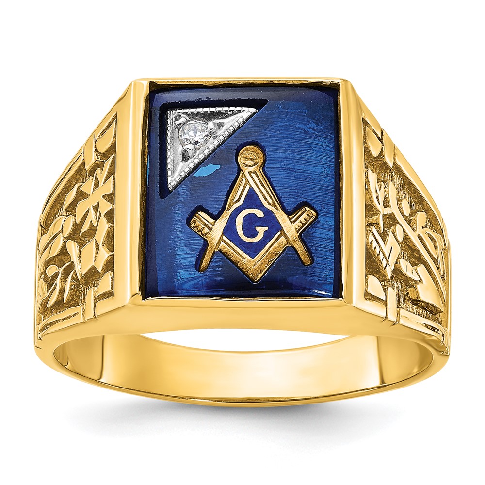 B03214-0YWCS_A.jpg IBGoodman 10k Two-tone Men's Polished and Textured with Lab Created Sapphire and Diamond Blue Lodge Master Masonic Ring - Image 1