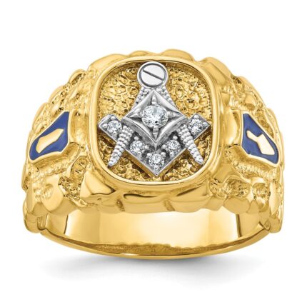 IBGoodman 14k Two-tone Men's Polished and Nugget Textured Diamond Blue Lodge Master Masonic Ring