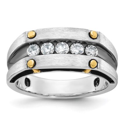 IBGoodman 14k Two-tone with Black Rhodium Men's Polished Satin and Grooved 5-Stone 1/2 Carat AA Quality Diamond Ring