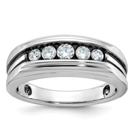 IBGoodman 10k White Gold with Black Rhodium Men's Polished Satin and Grooved 5-Stone 1/2 Carat A Quality Diamond Ring