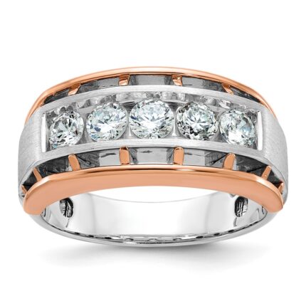 IBGoodman 14k Two Tone Rose and White Gold 1 carat Lab Grown Diamond VS/SI+ G+ Complete Satin Five Stone Cut Out Men's Ring