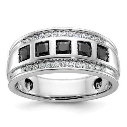 IBGoodman 14k White Gold Men's Polished and Grooved Square Black and White 1 1/5 Carat AA Quality Diamond 5-Stone Ring
