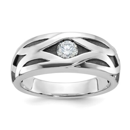 IBGoodman 14k White Gold with Black Rhodium Men's Polished Satin and Grooved 3/8 Carat AA Quality Diamond Ring