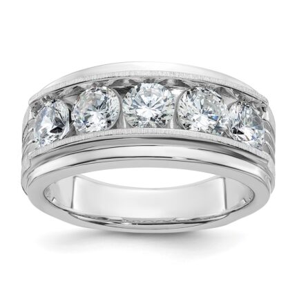 IBGoodman 14k White Gold 2 carat Lab Grown Diamond VS/SI+ G+ Five Stone Complete Polished Satin and Grooved Men's Ring