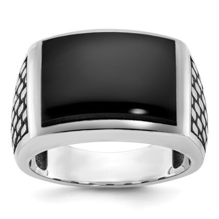 IBGoodman 14k White Gold with Black Rhodium Men's Polished and Textured Onyx Ring