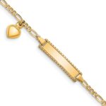 14k Polished Solid Chain/Solid Plate Heart Dangle Figaro Link 21x6mm Plate 5.5 inch Baby/Child ID Bracelet