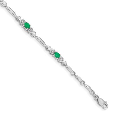 14k White Gold Complete Diamond and Oval Emerald Heart Design 7 inch Bracelet