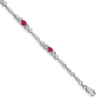 14k White Gold Complete Diamond and Oval Ruby Heart Design 7 inch Bracelet