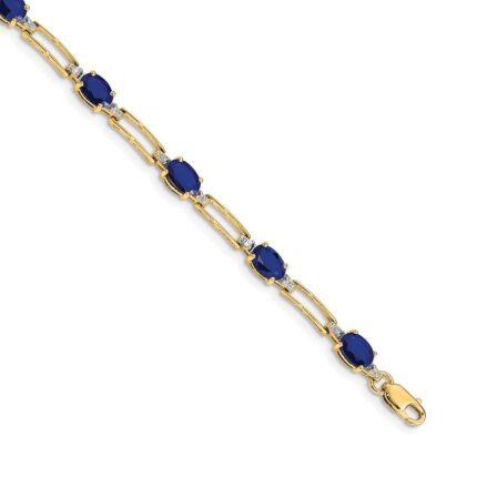 14k Complete Diamond and Oval Sapphire Paperclip Link 7.25 inch Bracelet