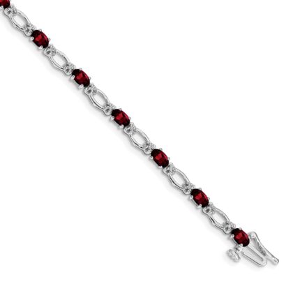 14k White Gold Complete Diamond and Oval Garnet Heart Accent 7 inch Bracelet