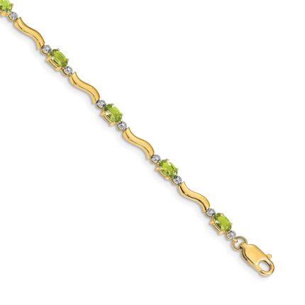 14k Complete Diamond and Oval Peridot Wavy Link 7 inch Bracelet