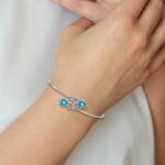 14k White Gold Complete Round Blue Topaz and 1/8 carat Diamond Hearts Flexible Bangle Bracelet - Image 3