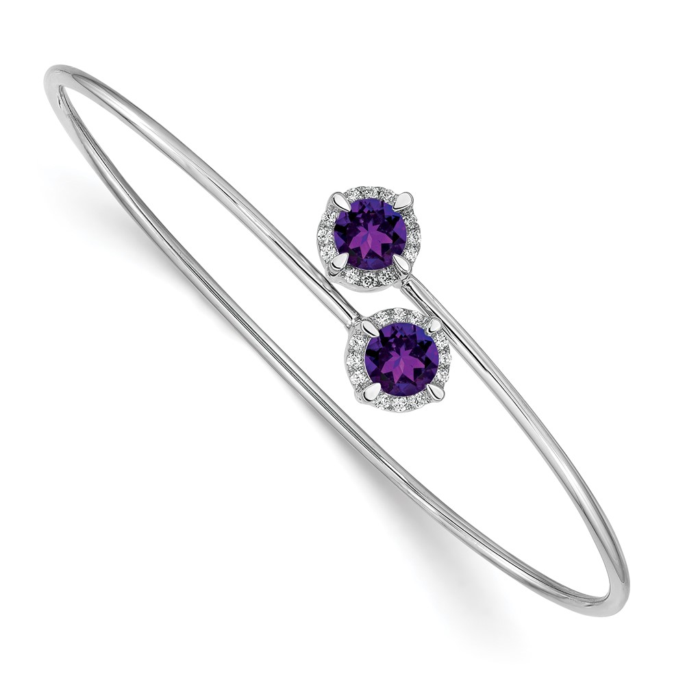 BM4506-AM-012-WA.jpg 14k White Gold Complete Round Amethyst and 1/8 carat Diamond Halo Flexible Bangle Bracelet - Image 1