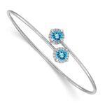 14k White Gold Complete Round Blue Topaz and 1/8 carat Diamond Halo Flexible Bangle Bracelet