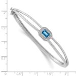 14k White Gold Complete Emerald-cut Blue Topaz and 1/10 carat Diamond Halo Hinged Bangle Bracelet - Image 2