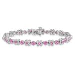 14k White Gold Complete Lab Created Pink Sapphire Flowers 7 inch Bracelet - Image 3
