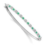 14k White Gold Complete Emerald and 1/10 carat Diamond Hinged Bangle Bracelet