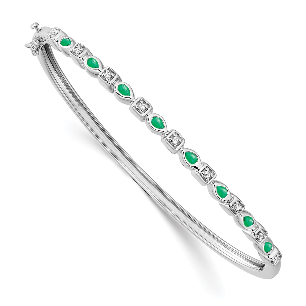 BM7222-EM-011-WA.jpg 14k White Gold Complete Emerald and 1/10 carat Diamond Hinged Bangle Bracelet - Image 1