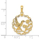 14k Hummingbird with Flower Round Scalloped Frame Pendant - Image 4