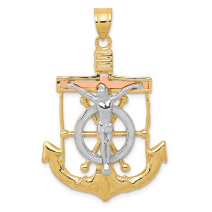 14k Tri-color Diamond-cut and Textured Mariners Crucifix Pendant