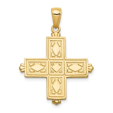 14K Etched Square Cross with Floral Reverse Pendant