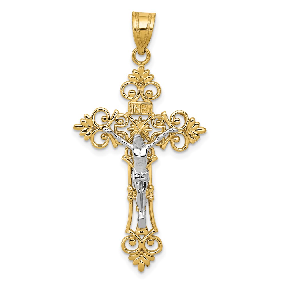 C4388.jpg 14K Two-Tone Large Lacy-Edge Inri Crucifix Pendant - Image 1