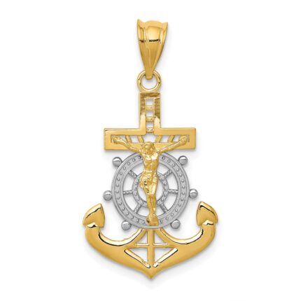 14k and White Rhodium Diamond-cut Mariners Crucifix Pendant