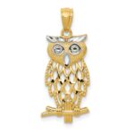 14k and White Rhodium Diamond-cut Owl Pendant
