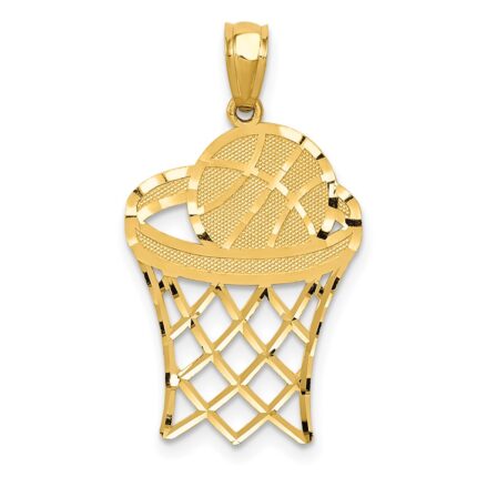 14k Diamond-cut Basketball in Hoop Pendant