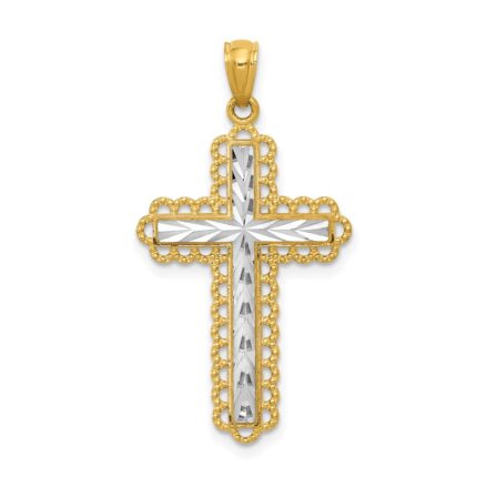 14K and White Rhodium Diamond-cut Cross Pendant